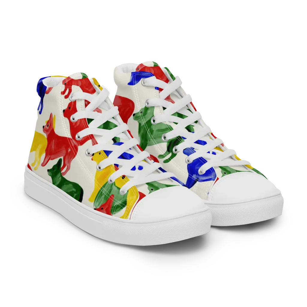 Colorful Canine Parade on Men's High Top Canvas Shoes — Right Front