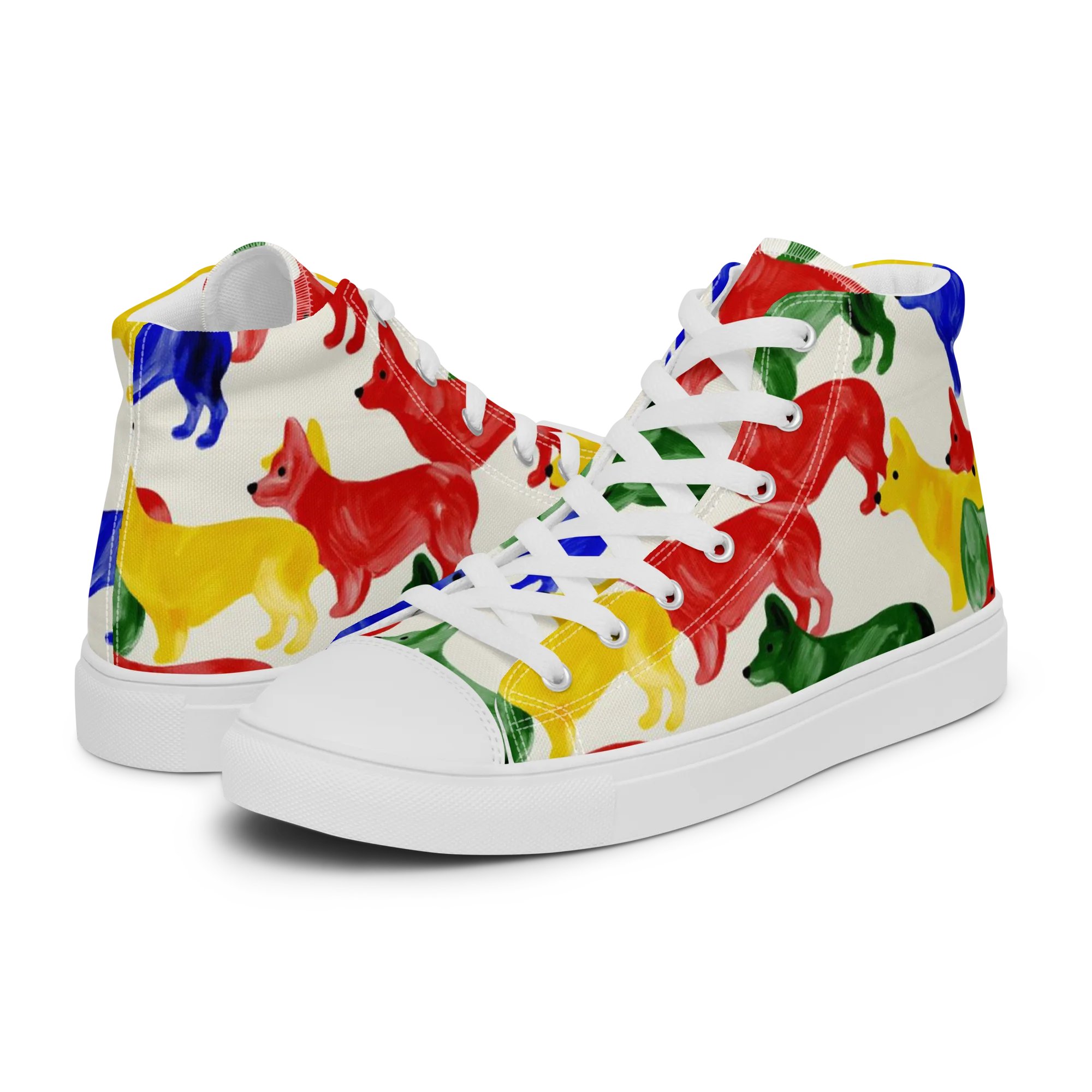 Colorful Canine Parade on Men's High Top Canvas Shoes — Left