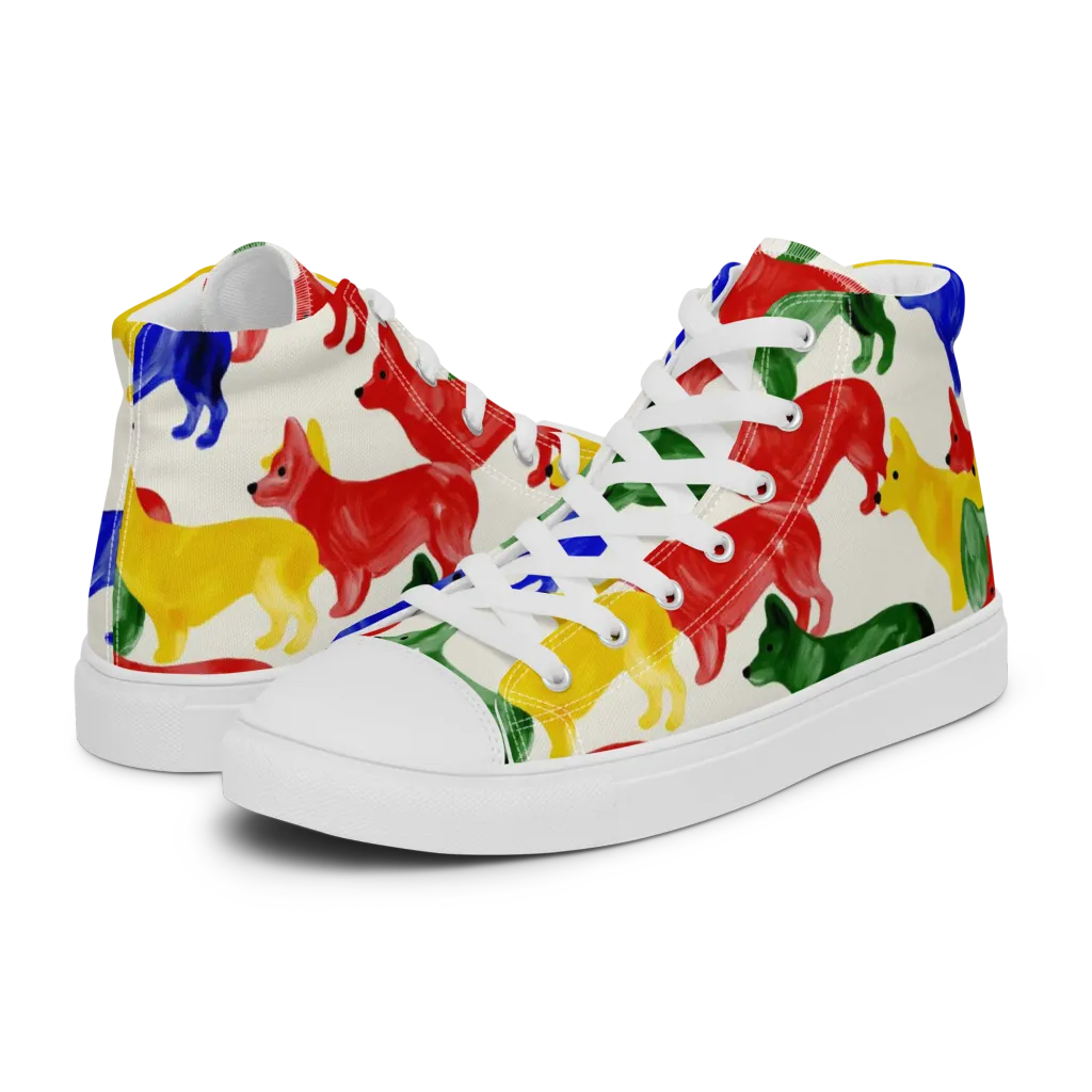 Colorful Canine Parade on Men's High Top Canvas Shoes — Left