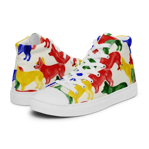 Colorful Canine Parade on a Men's High Top Canvas Shoes