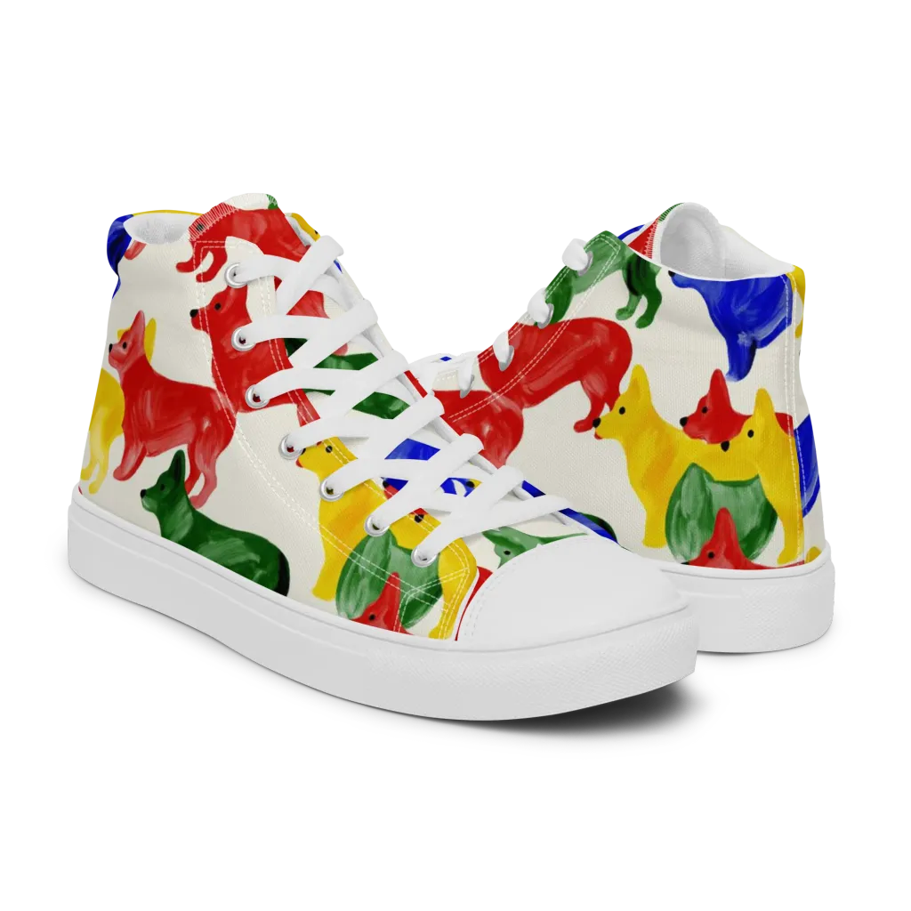 Colorful Canine Parade on Men's High Top Canvas Shoes — Right
