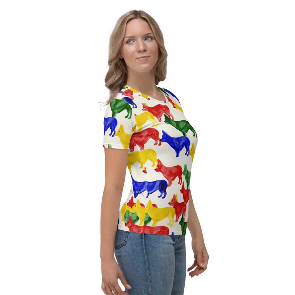 Colorful Canine Parade on Women's Crew Neck T-Shirt — Right