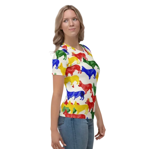 Colorful Canine Parade on a Women's Crew Neck T-Shirt