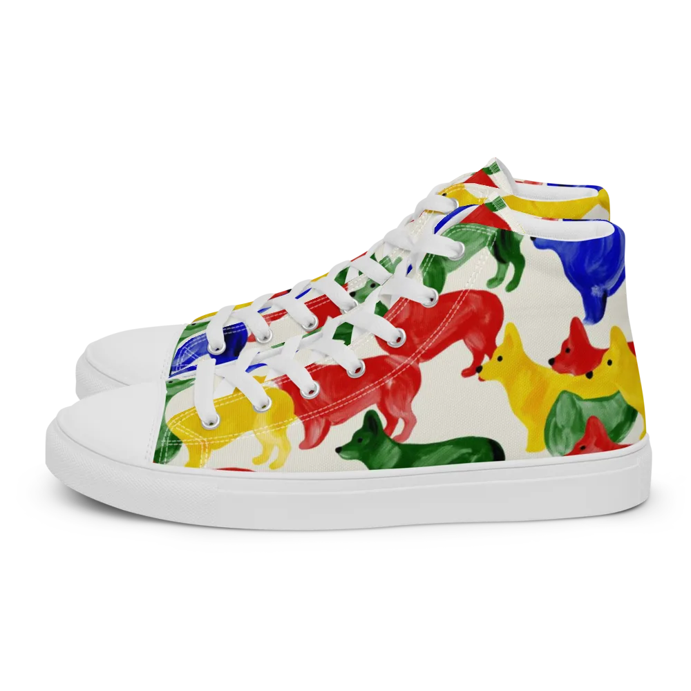Colorful Canine Parade on Women's High Top Canvas Shoes — Left