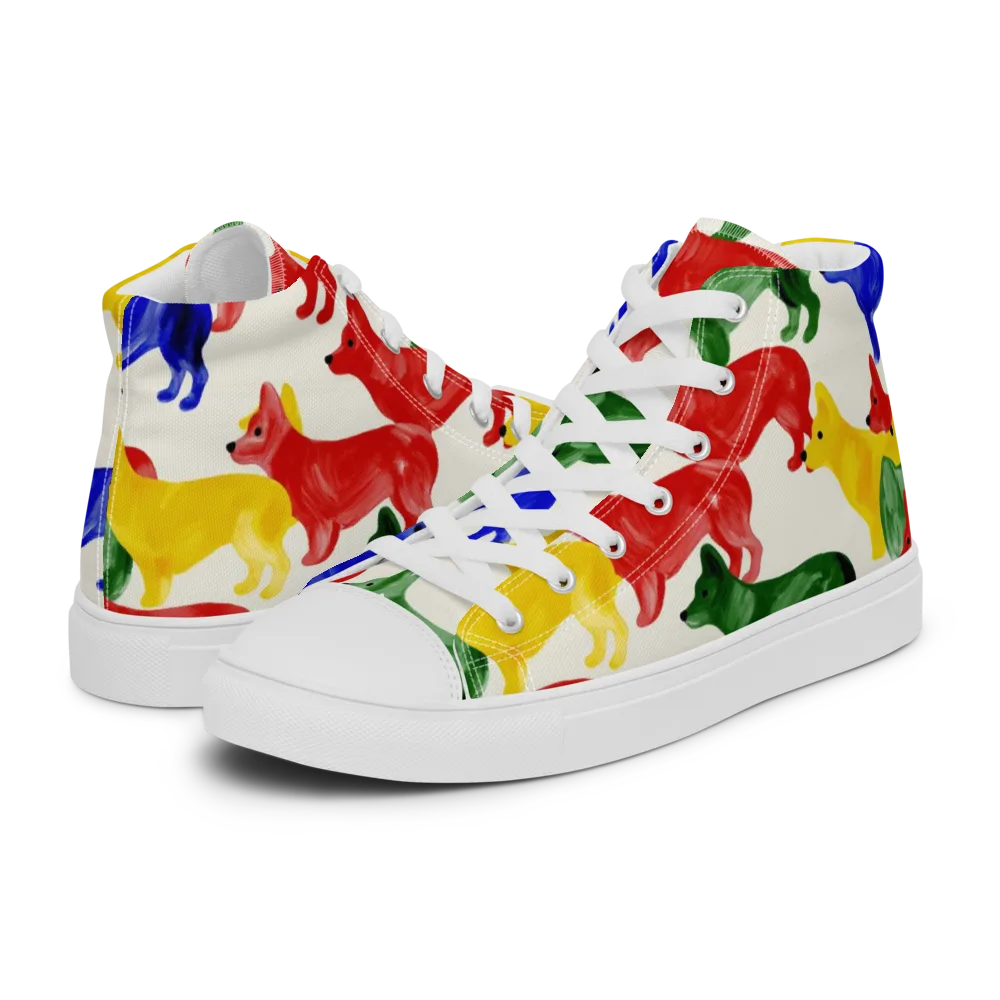 Colorful Canine Parade on Women's High Top Canvas Shoes — Left