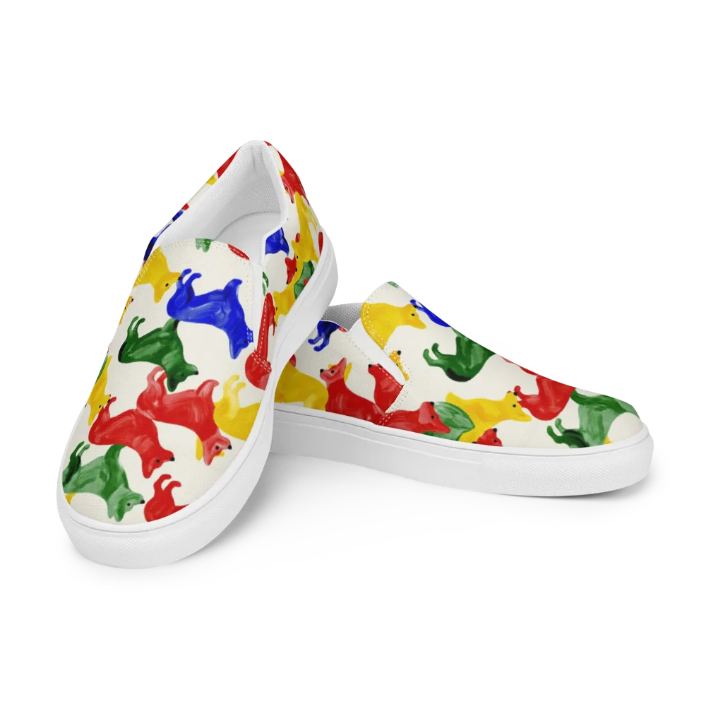 Colorful Canine Parade on Men's Slip-On Canvas Shoes — Left Front