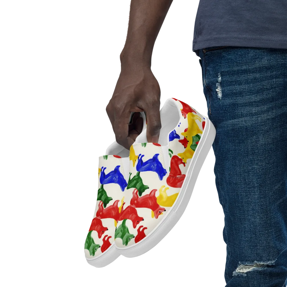 Colorful Canine Parade on Men's Slip-On Canvas Shoes — Left Front