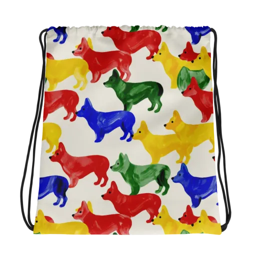 Colorful Canine Parade on Drawstring Bag