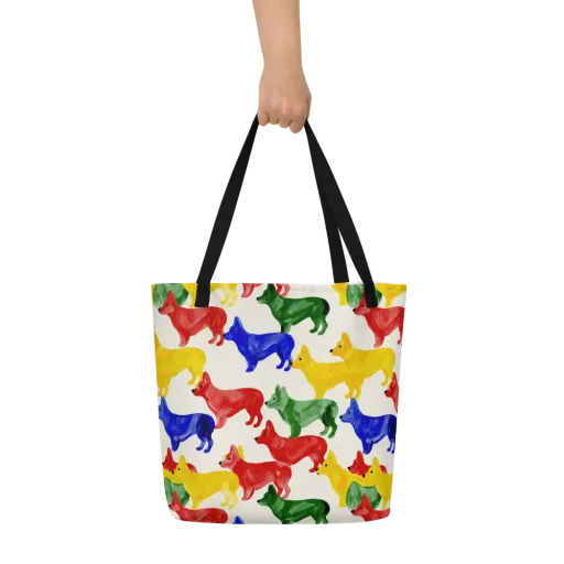 Colorful Canine Parade on a Large Tote Bag W/ Pocket