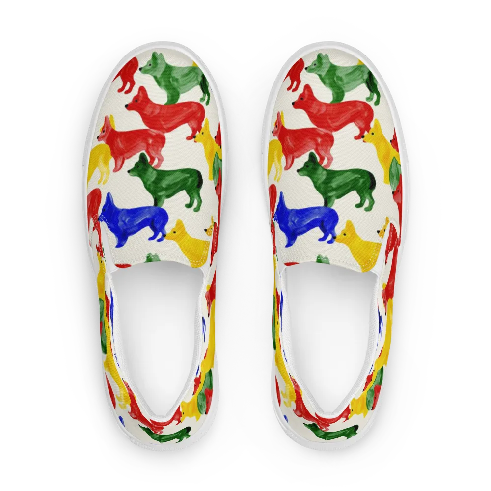 Colorful Canine Parade on Women's Slip-On Canvas Shoes — Front