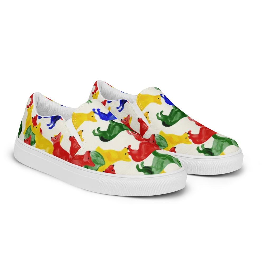 Colorful Canine Parade on Women's Slip-On Canvas Shoes — Right Front