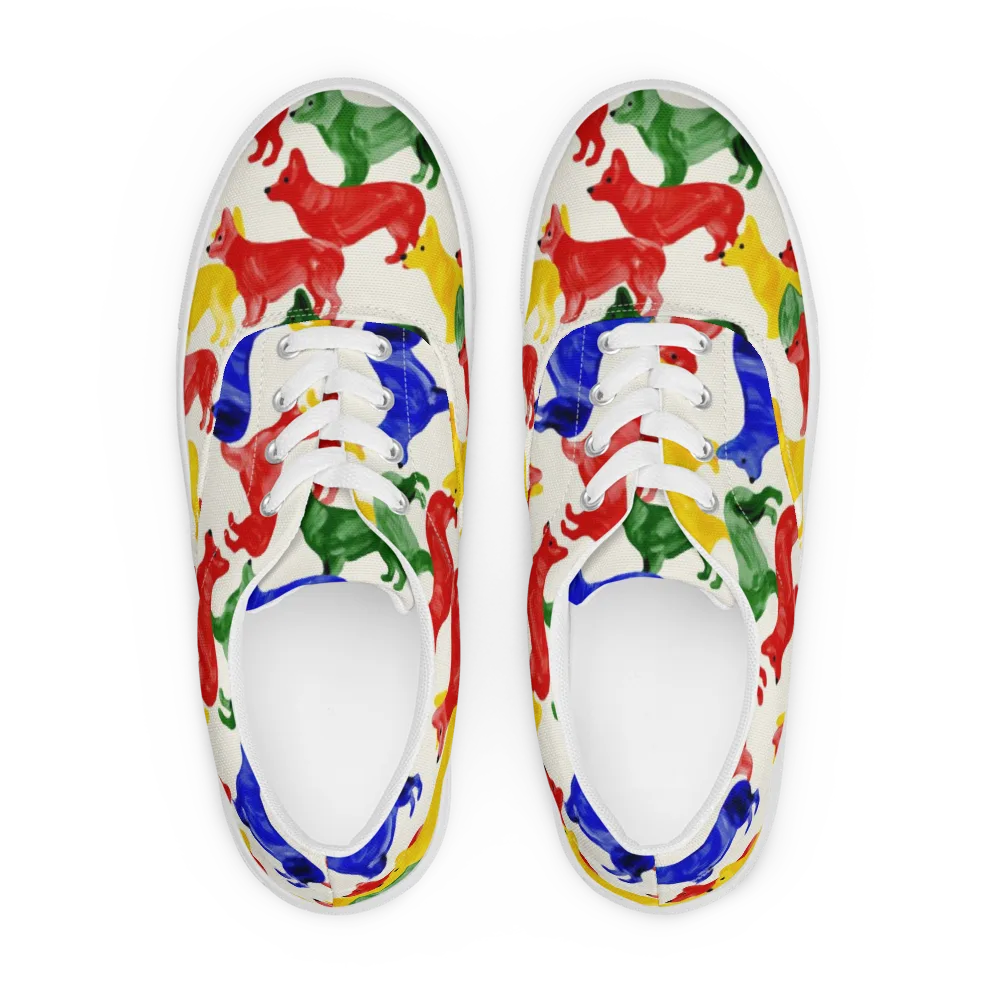 Colorful Canine Parade on Men's Lace-Up Canvas Shoes — Front