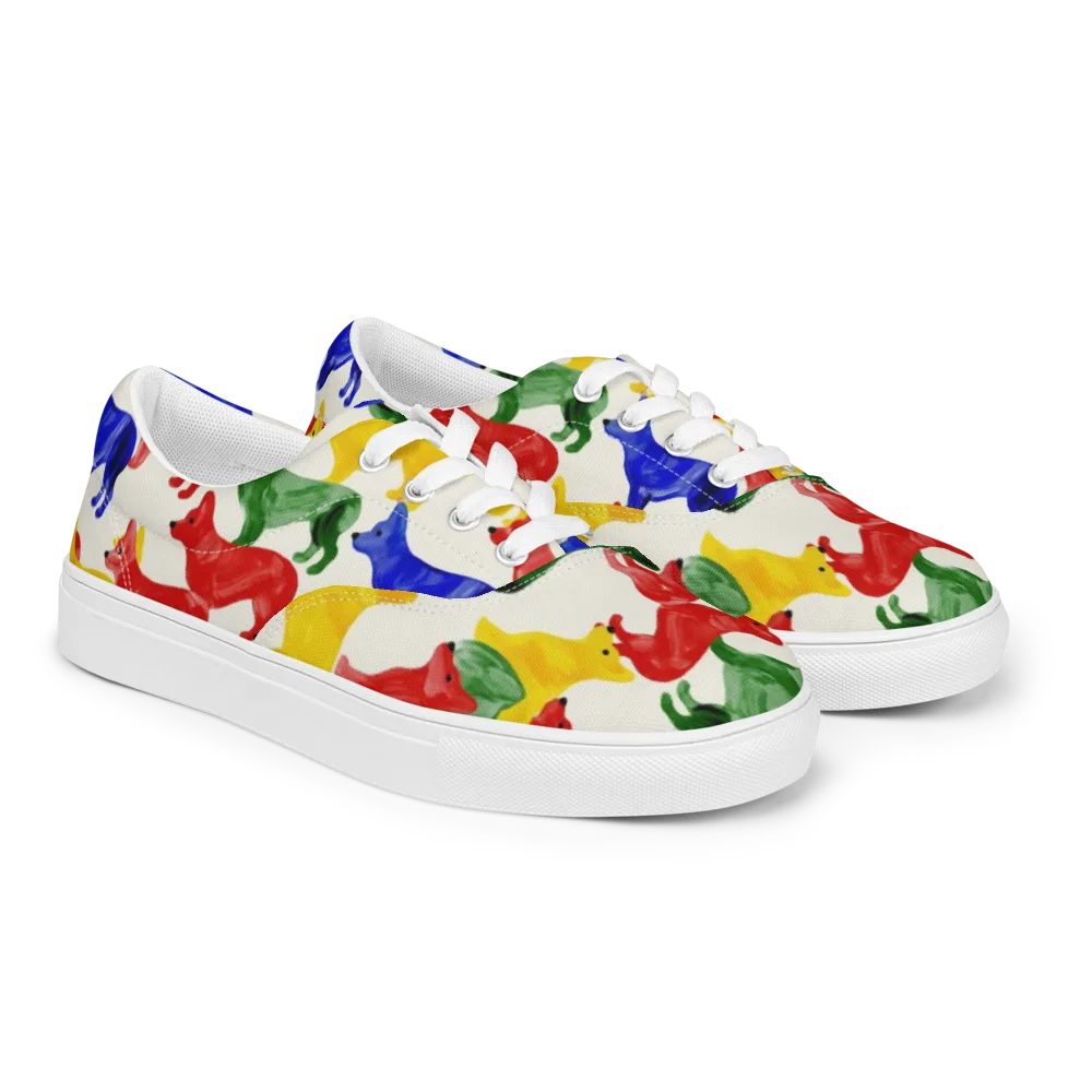 Colorful Canine Parade on Men's Lace-Up Canvas Shoes — Right Front