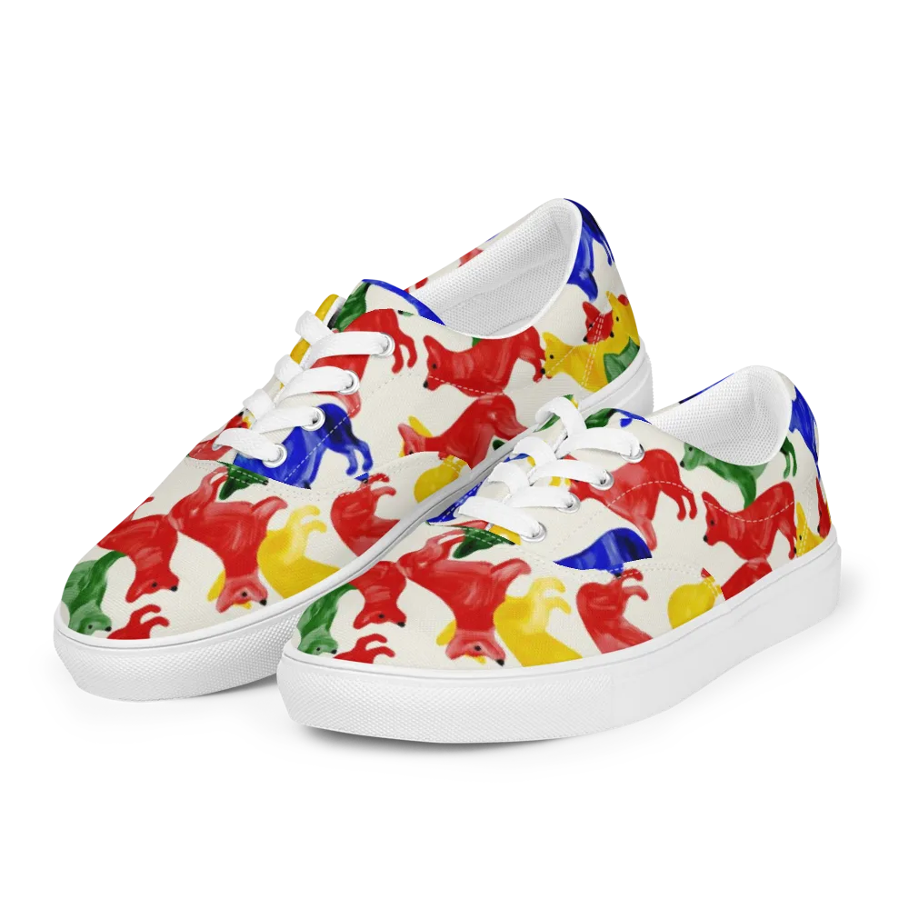 Colorful Canine Parade on Men's Lace-Up Canvas Shoes — Left Front
