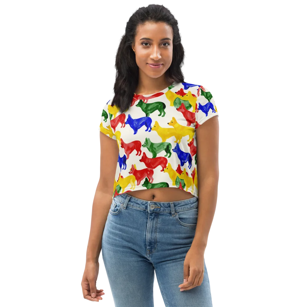 Colorful Canine Parade on Crop Tee — Front