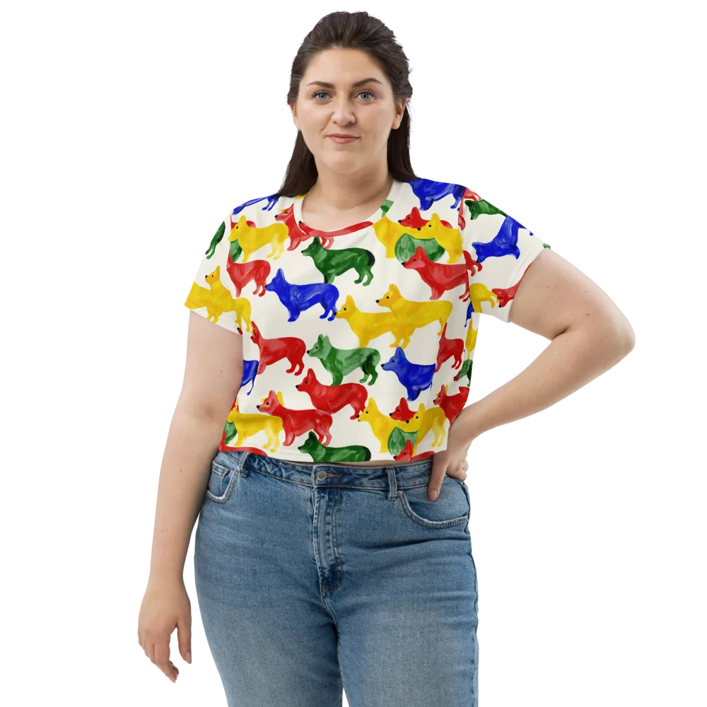 Colorful Canine Parade on Crop Tee — Front
