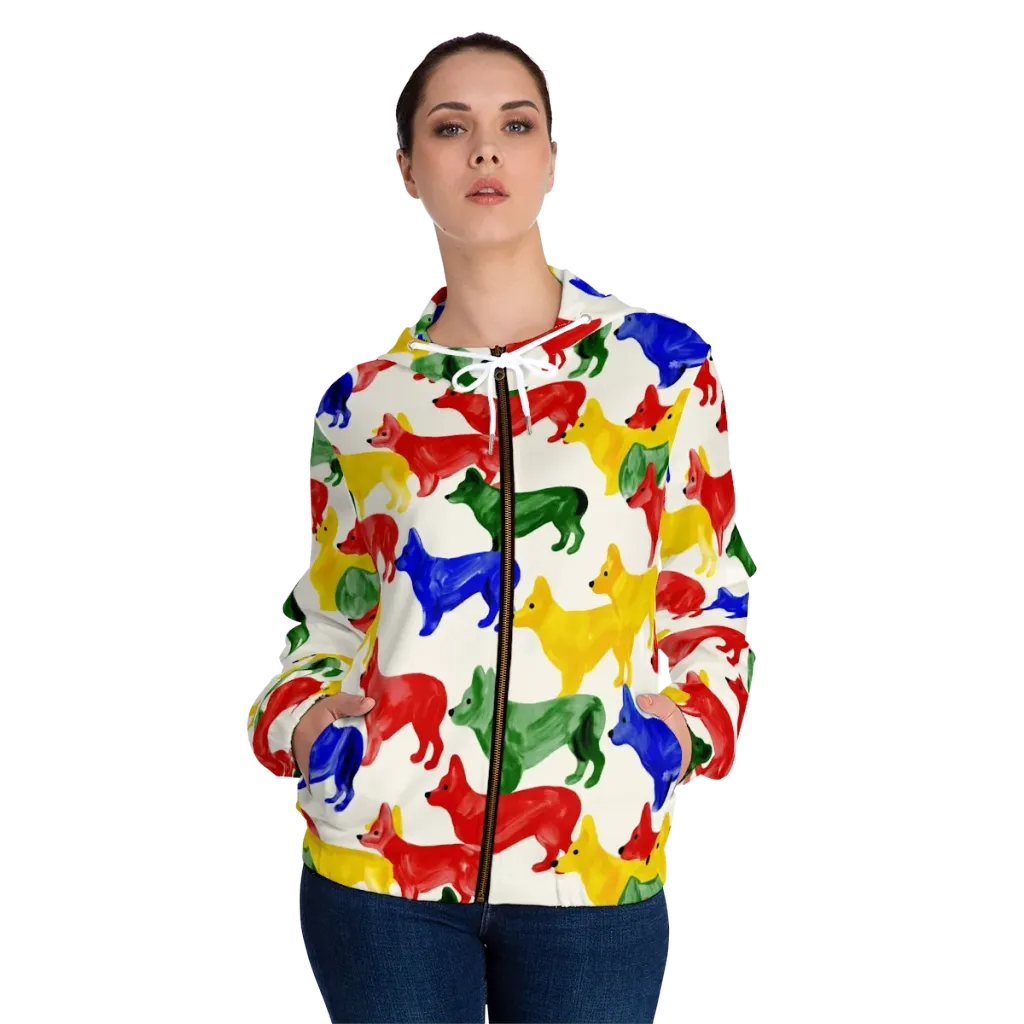 Colorful Canine Parade on Women's Full-Zip Hoodie — Front On Person