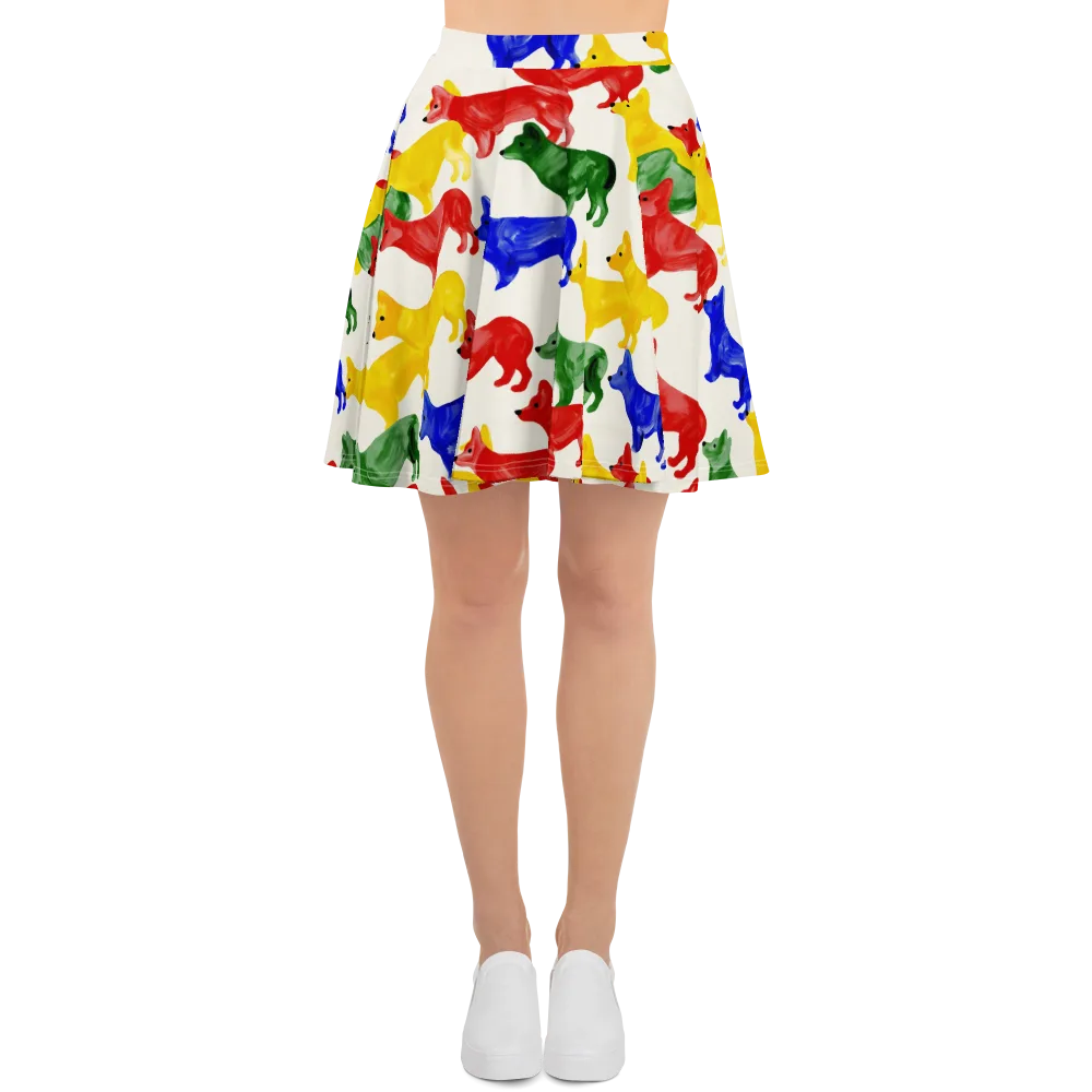 Colorful Canine Parade on Skater Skirt — Front