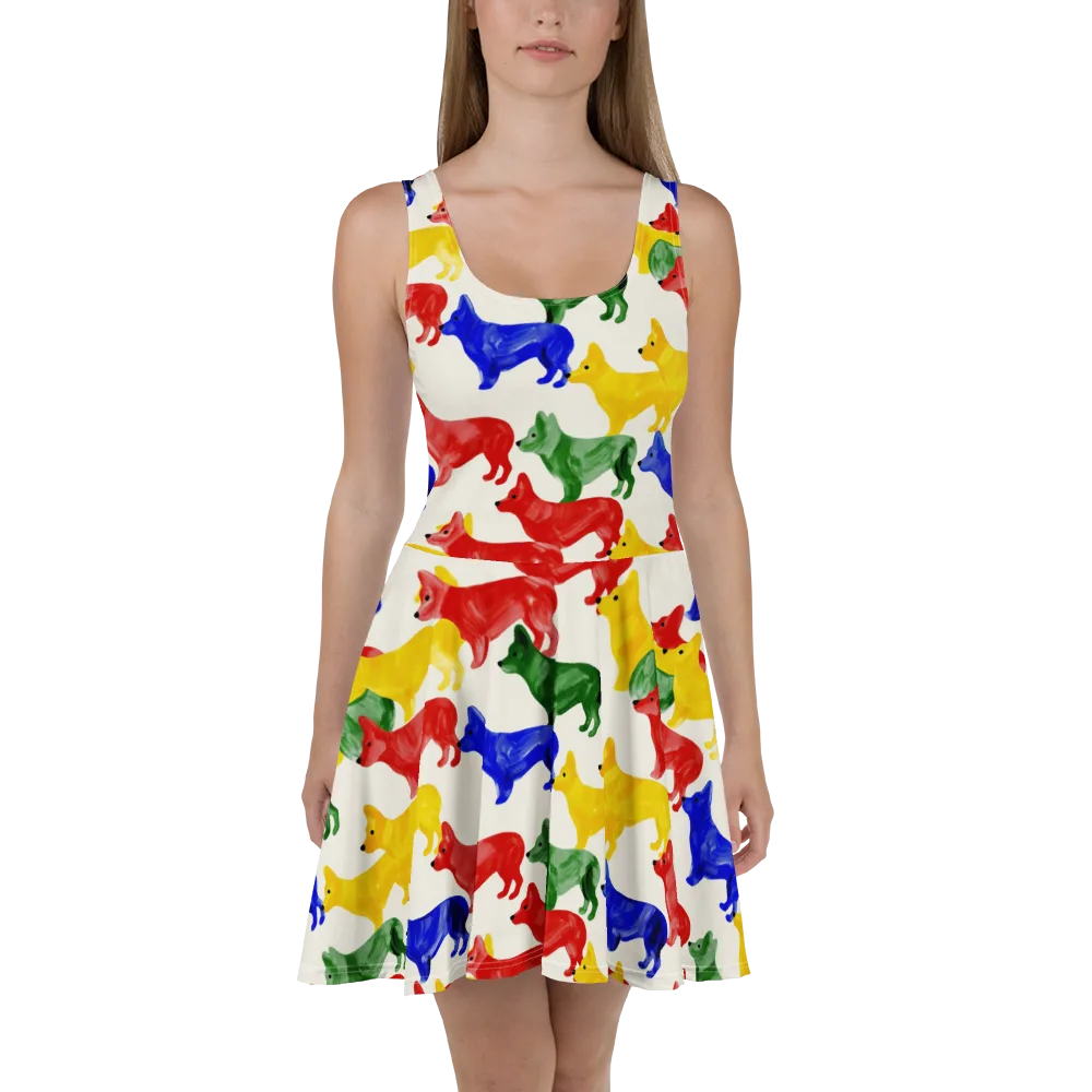 Colorful Canine Parade on Skater Dress — Front