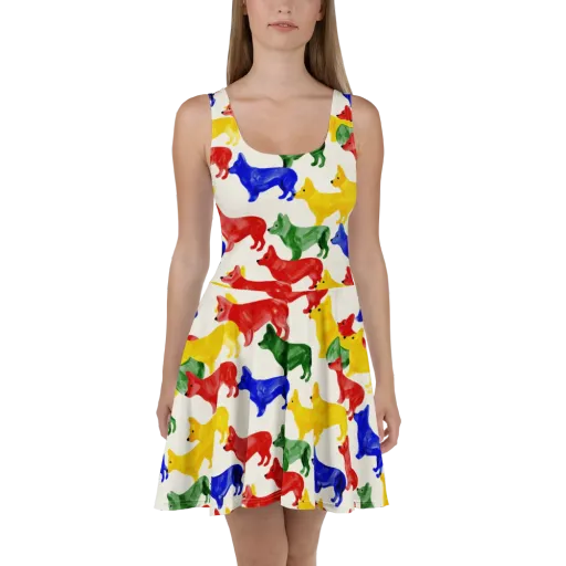 Colorful Canine Parade on a Skater Dress