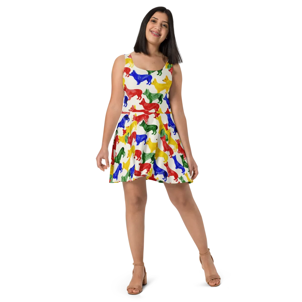 Colorful Canine Parade on Skater Dress — Front