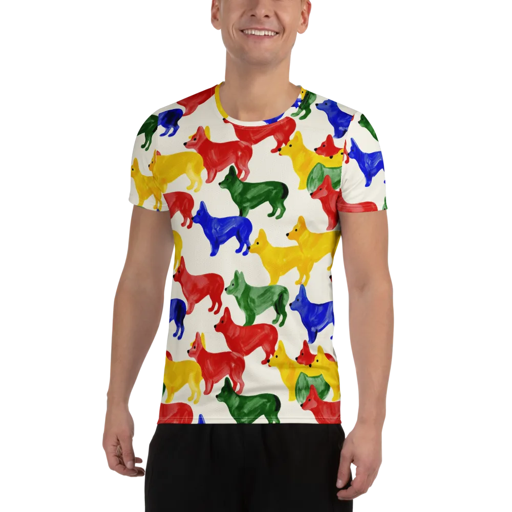 Colorful Canine Parade on Men's Athletic T-Shirt — Front