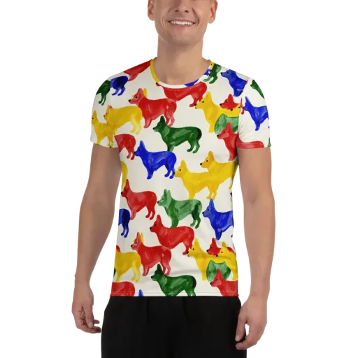 Colorful Canine Parade on a Men's Athletic T-Shirt