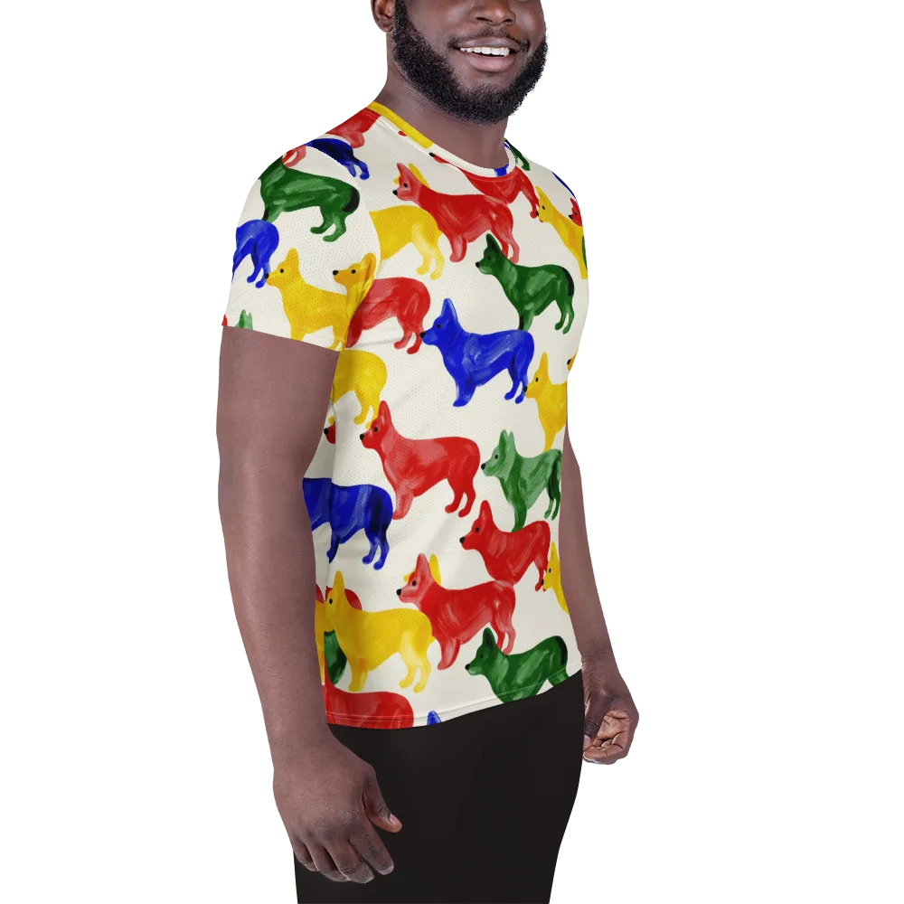 Colorful Canine Parade on Men's Athletic T-Shirt — Right