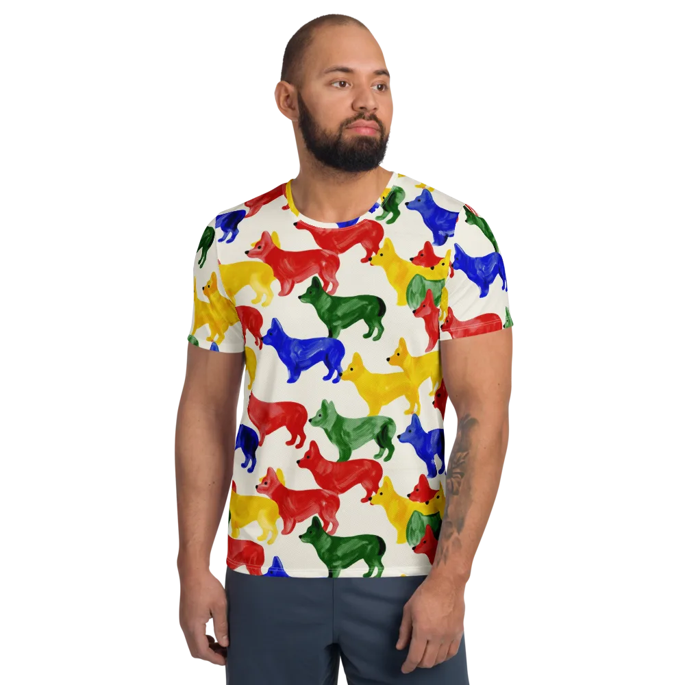 Colorful Canine Parade on Men's Athletic T-Shirt — Front