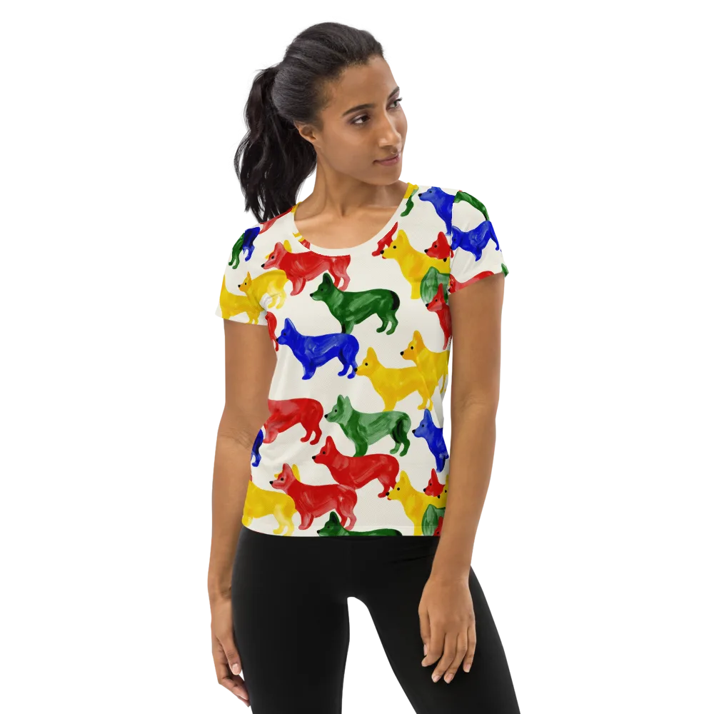 Colorful Canine Parade on Women's Athletic T-Shirt — Front