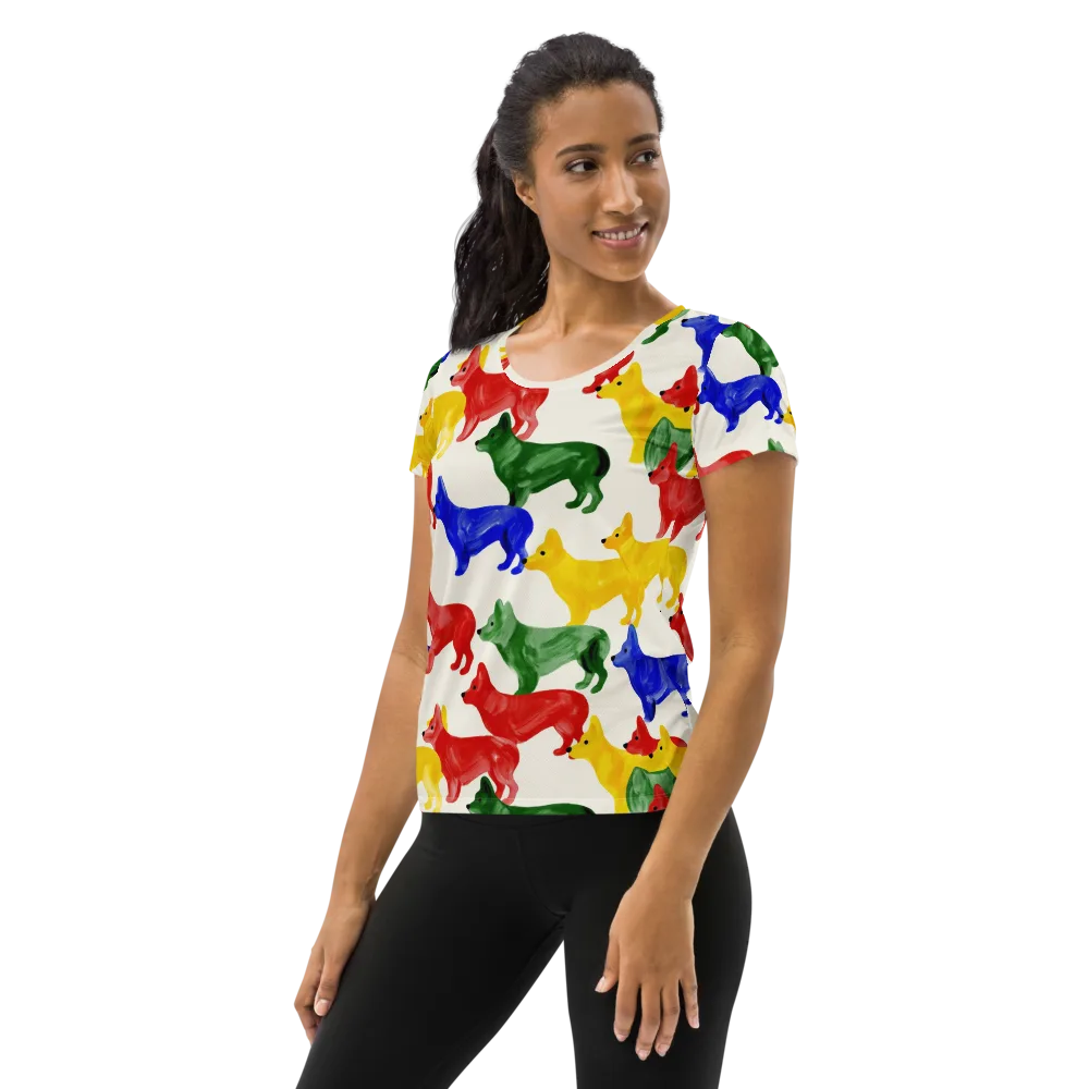 Colorful Canine Parade on Women's Athletic T-Shirt — Left