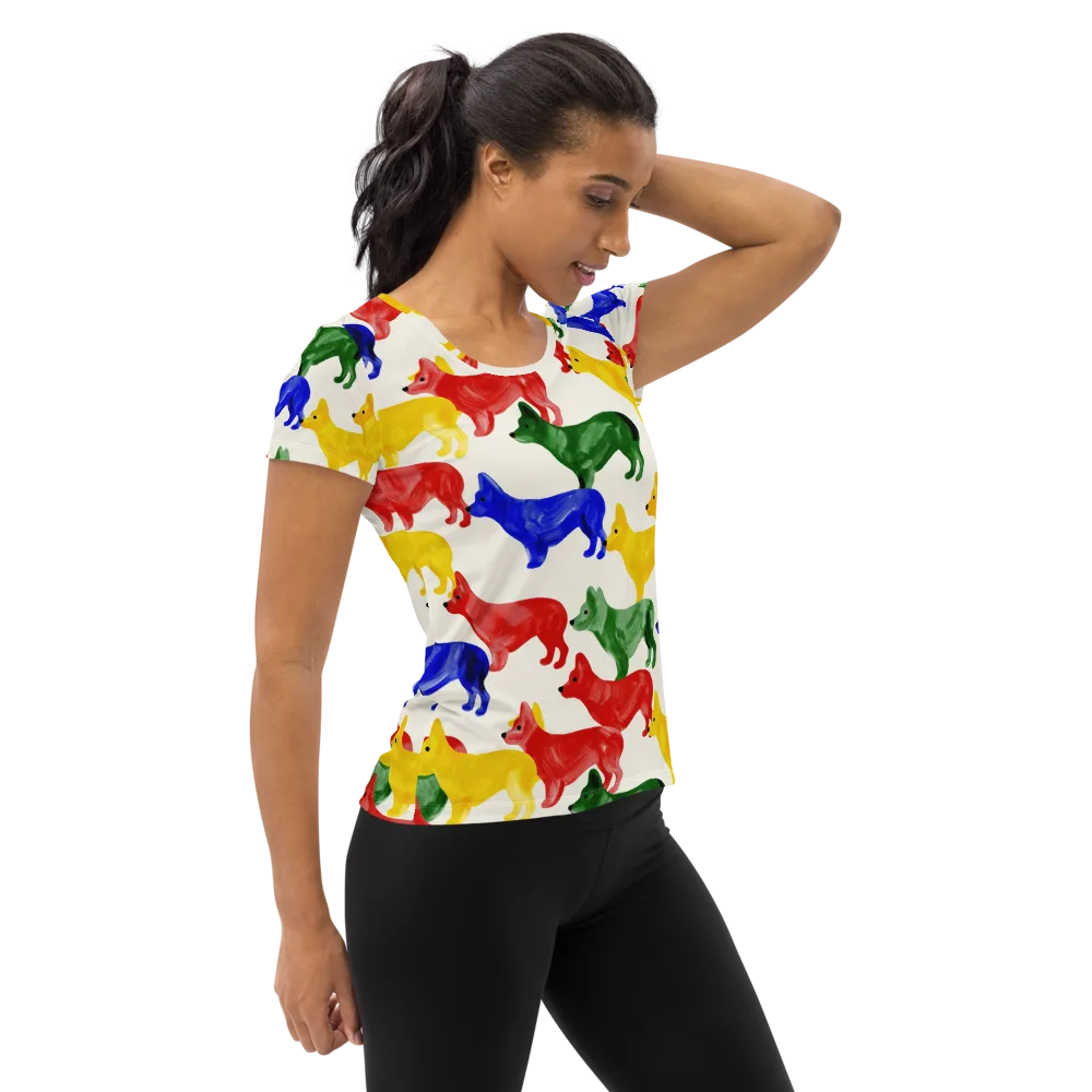 Colorful Canine Parade on Women's Athletic T-Shirt — Right