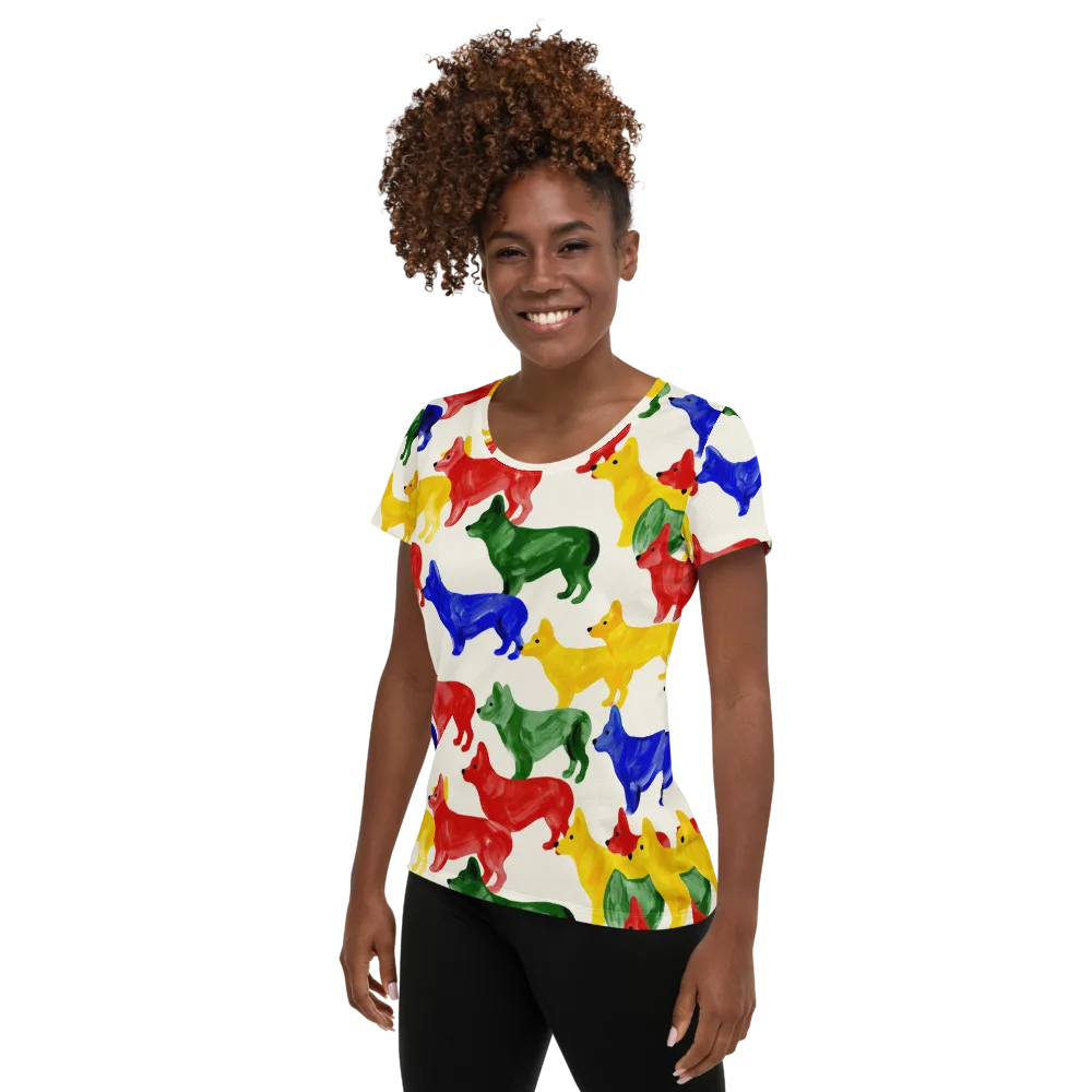 Colorful Canine Parade on Women's Athletic T-Shirt — Left