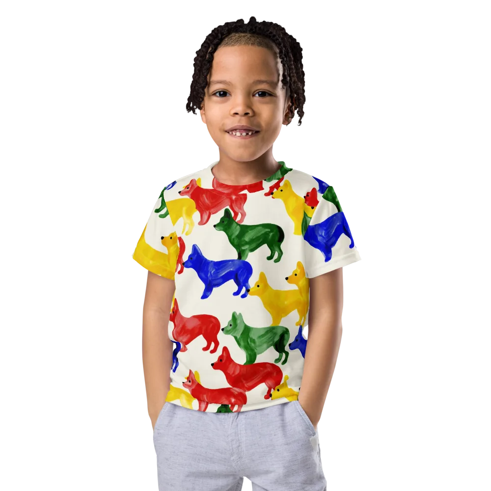 Colorful Canine Parade on Kids Crew Neck T-Shirt — Front