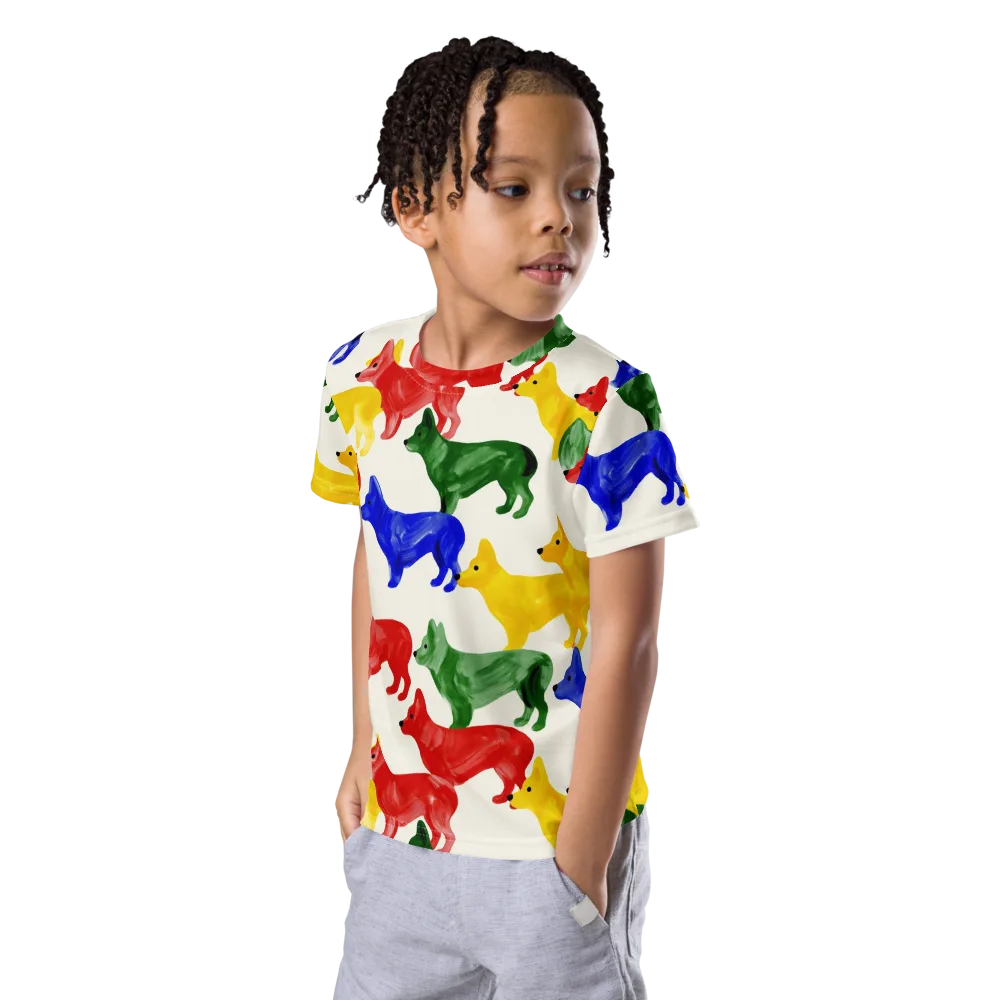 Colorful Canine Parade on Kids Crew Neck T-Shirt — Left Front