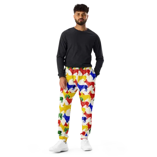 Colorful Canine Parade on a Men's Joggers