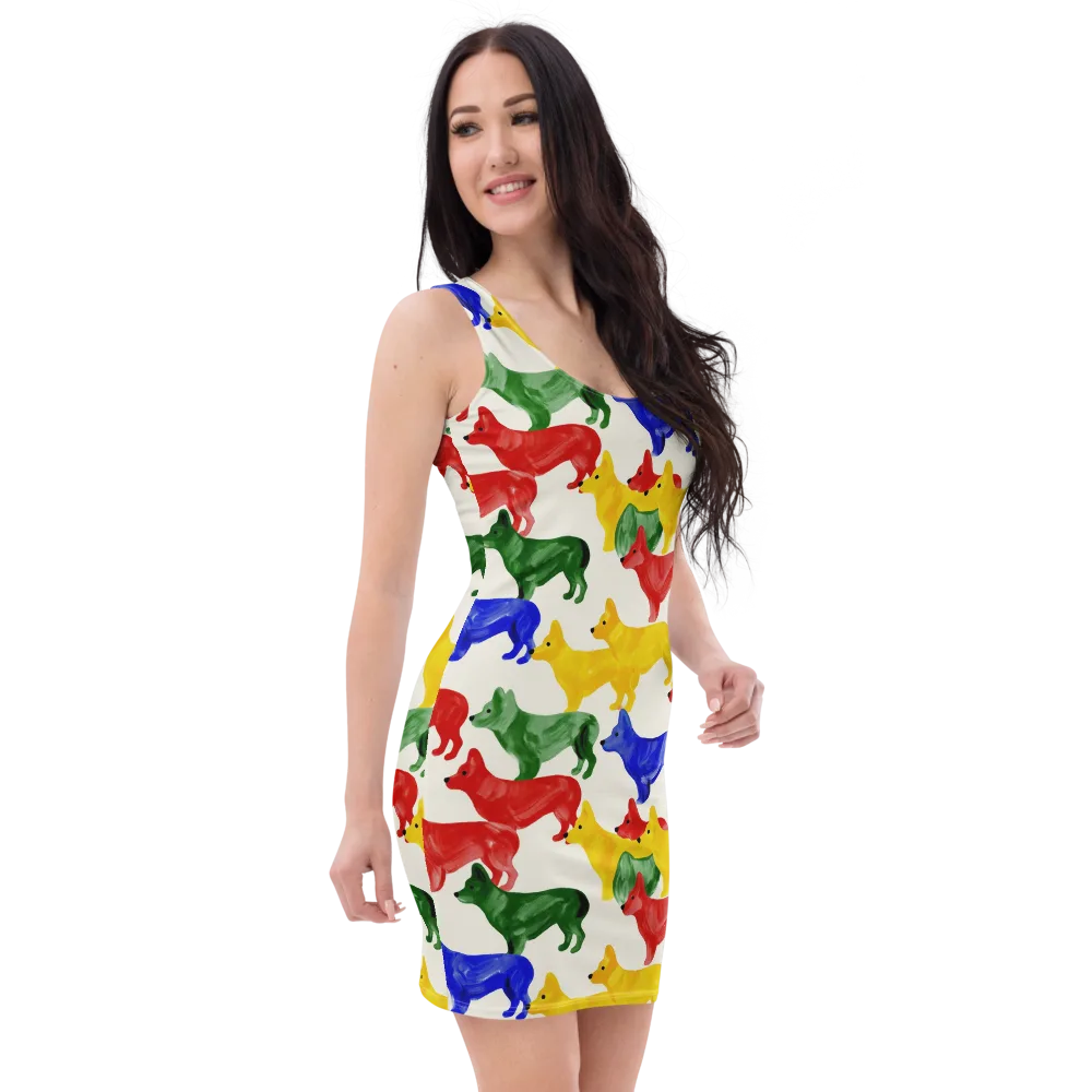 Colorful Canine Parade on Bodycon Dress — Right Front