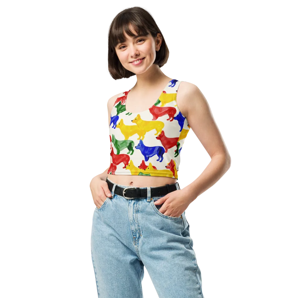 Colorful Canine Parade on Crop Top — Front