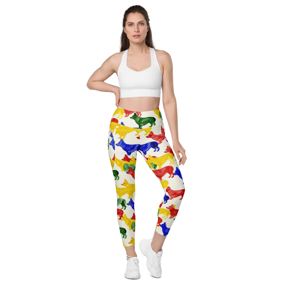 Colorful Canine Parade on Leggings with Pockets — Front
