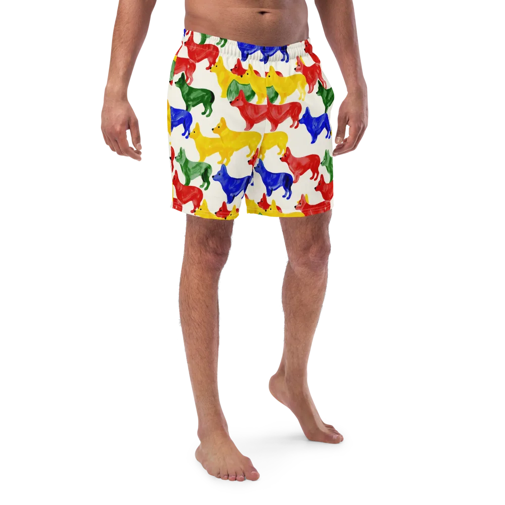 Colorful Canine Parade on Swim Trunks — Front