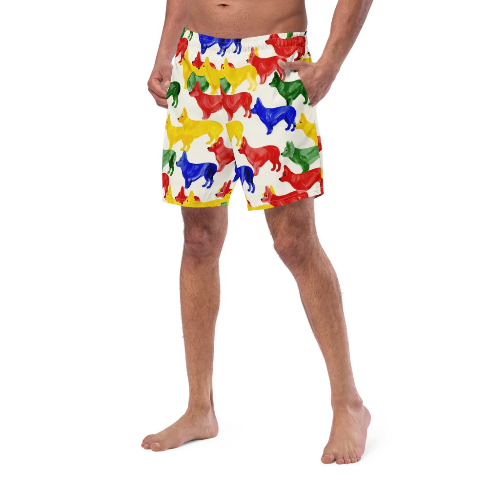 Colorful Canine Parade on Swim Trunks — Left Front