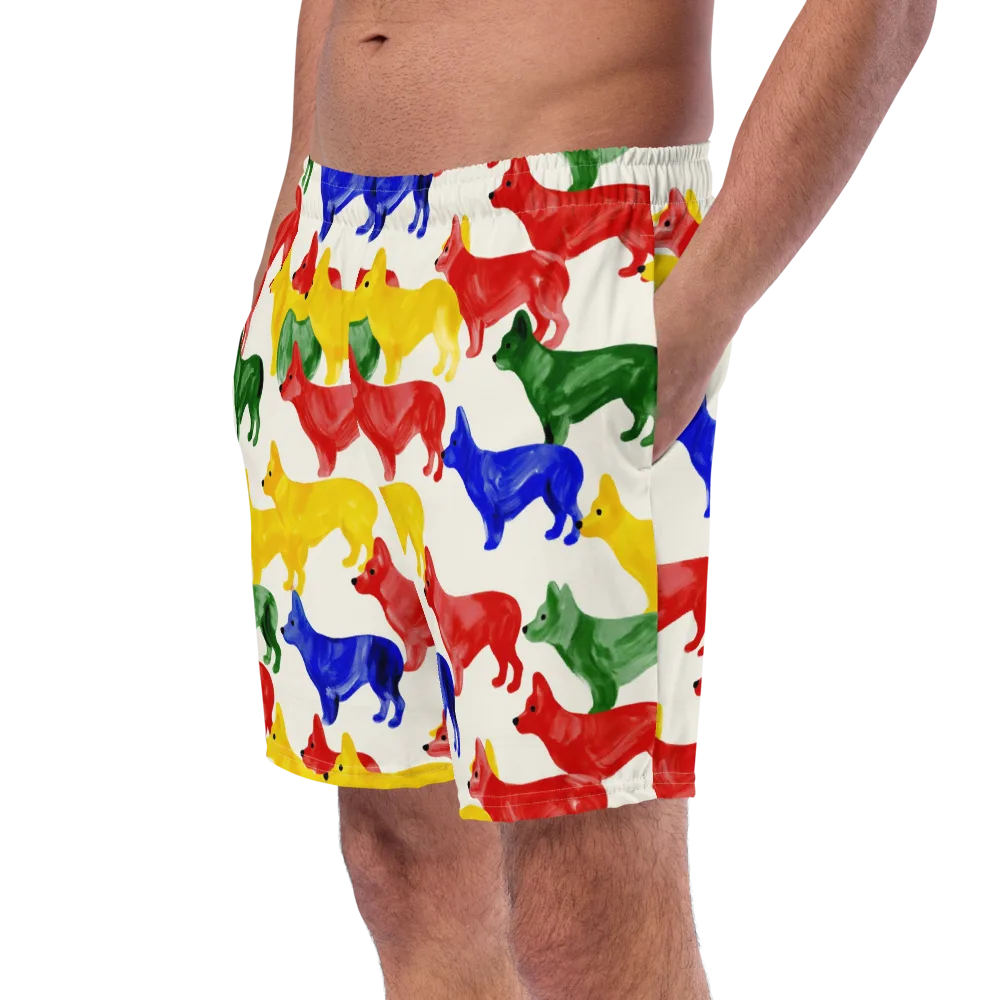 Colorful Canine Parade on Swim Trunks — Left Front