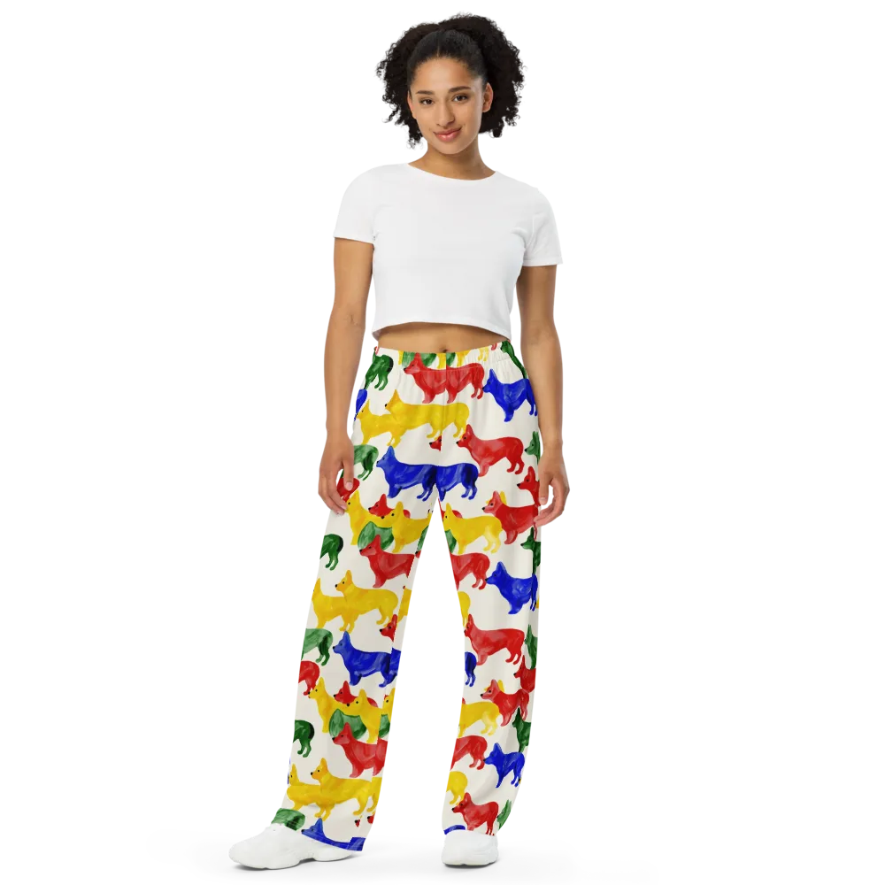 Colorful Canine Parade on Wide-Leg Pants — Front