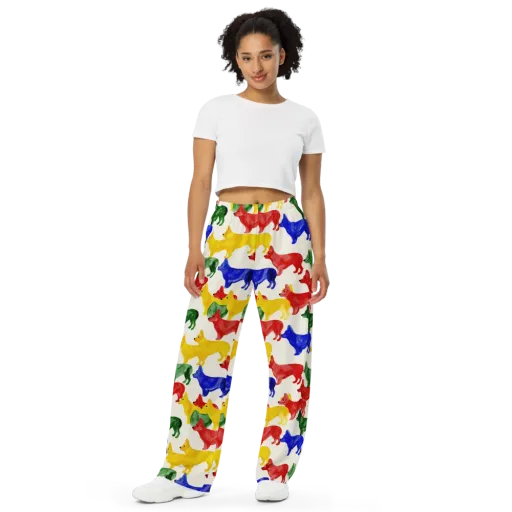 Colorful Canine Parade on a Wide-Leg Pants