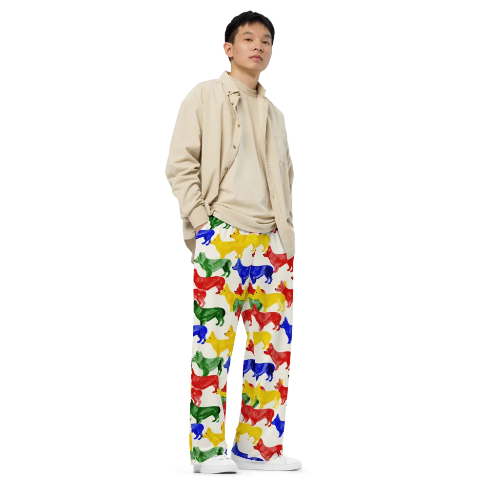 Colorful Canine Parade on Wide-Leg Pants — Right Front