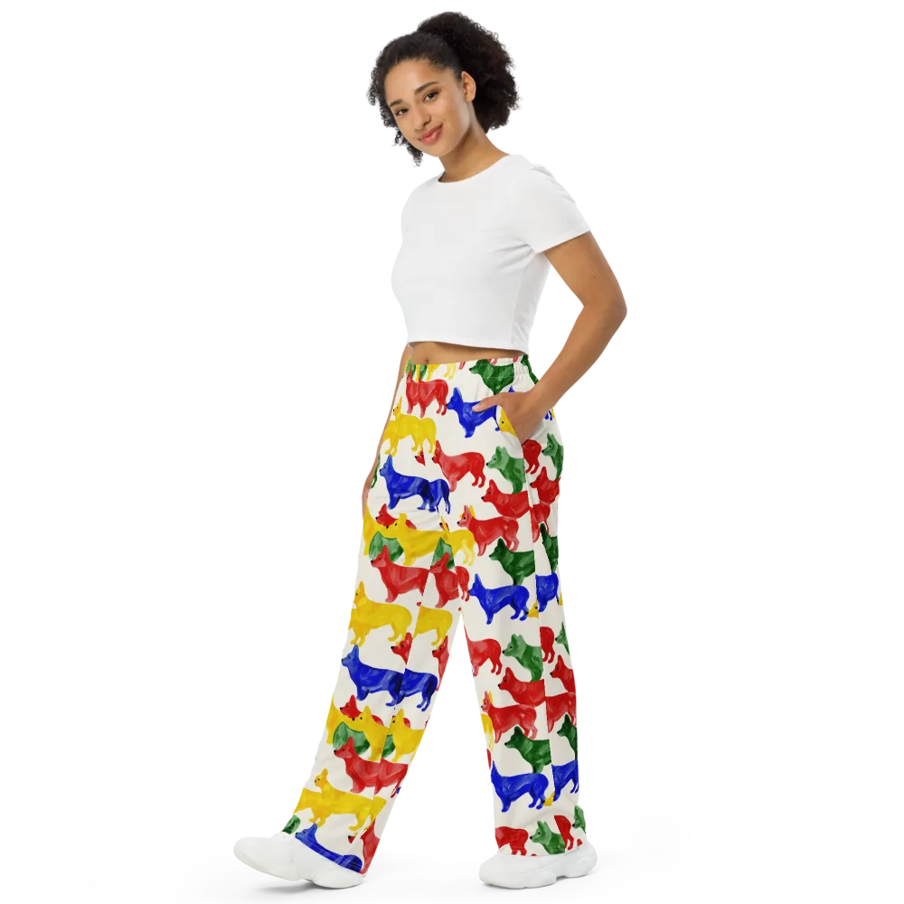 Colorful Canine Parade on Wide-Leg Pants — Left Front