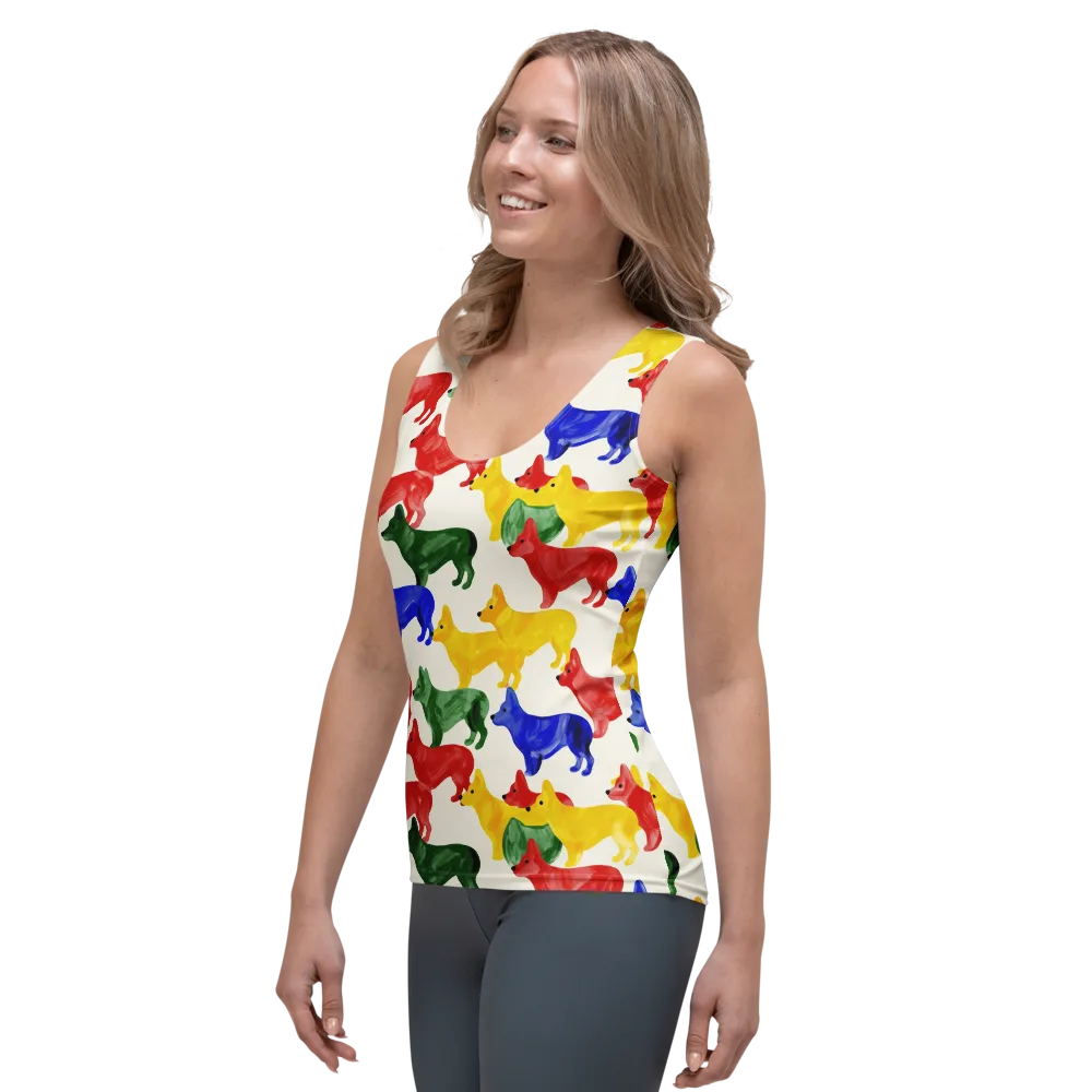Colorful Canine Parade on Women's Tank Top — Left Front