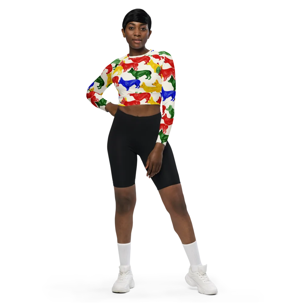 Colorful Canine Parade on Long Sleeve Crop Top — Front
