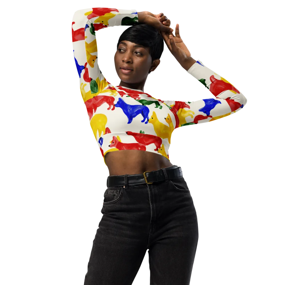 Colorful Canine Parade on Long Sleeve Crop Top — Front