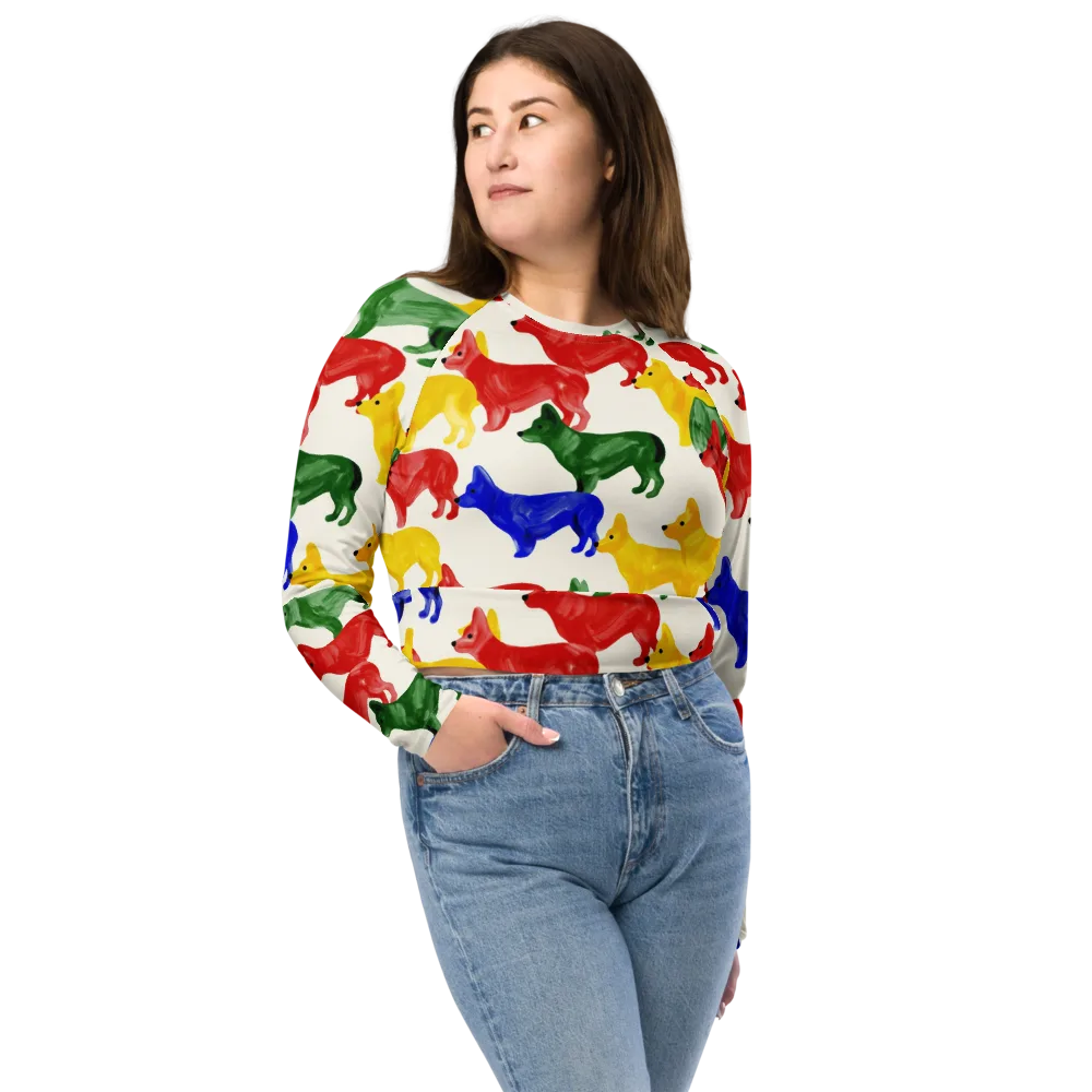 Colorful Canine Parade on Long Sleeve Crop Top — Front